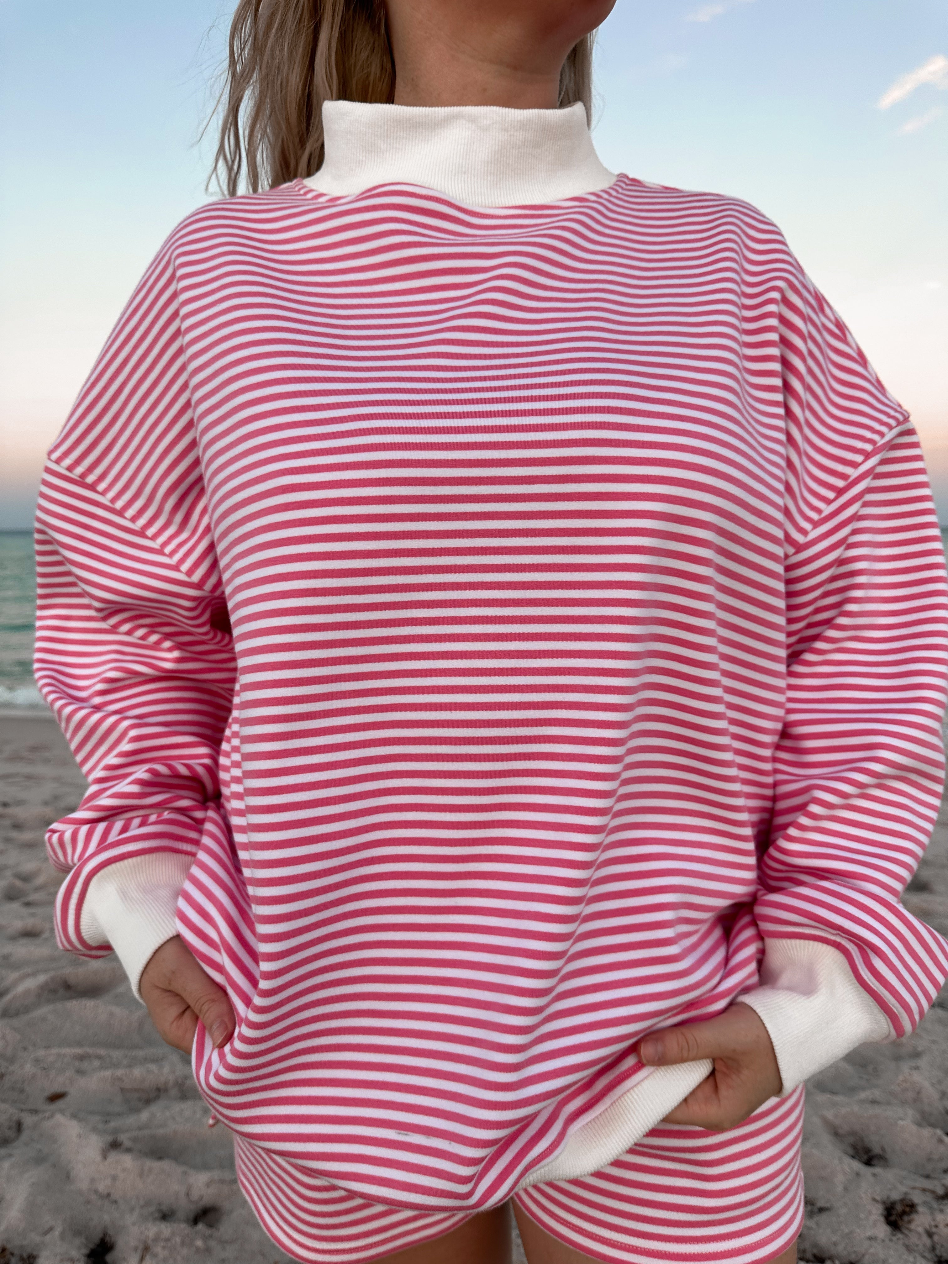 Dark Pink and White Big Striped Mockneck Sweatshirt